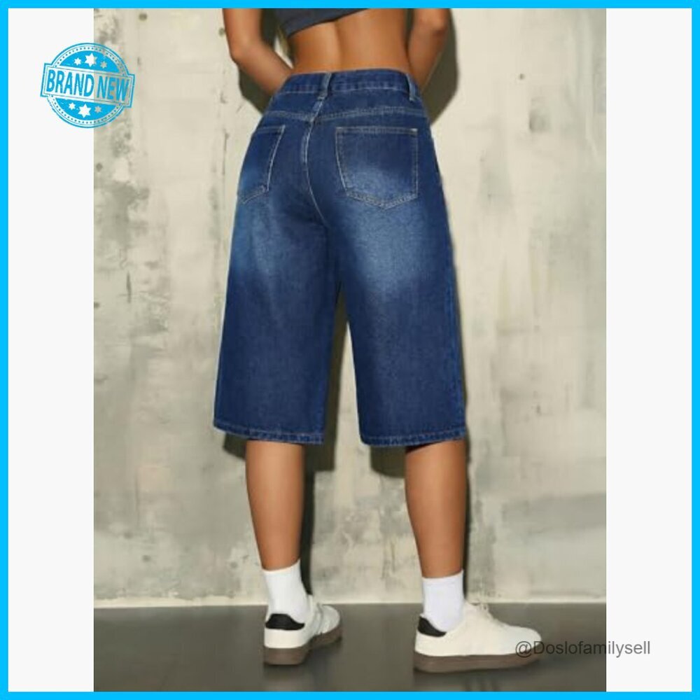 Y2K Retro Denim Bermudas Wide Leg Baggy Jean Shorts Mid High Waisted - Picture 3 of 7
